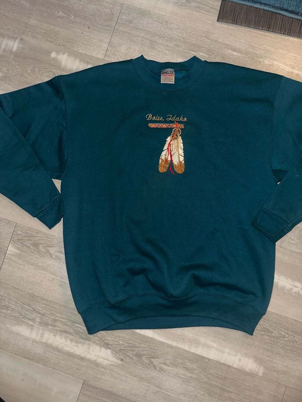 Made in USA Oneita Sweatshirt Size X-Large Teal Boise Idaho Embroidered Feathers
